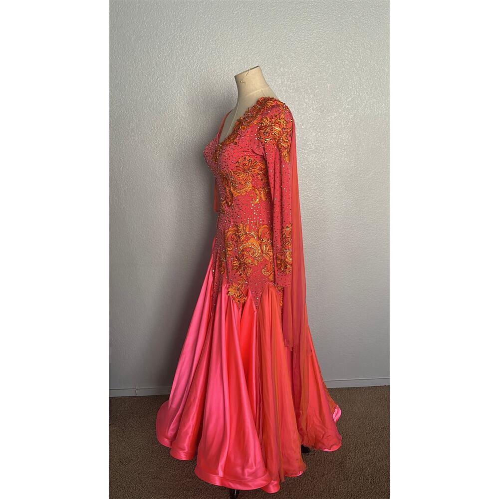 Custom De'Lux Coral Pink and Orange Lace Ballroom Dance Dress S/M - Picture 2 of 5